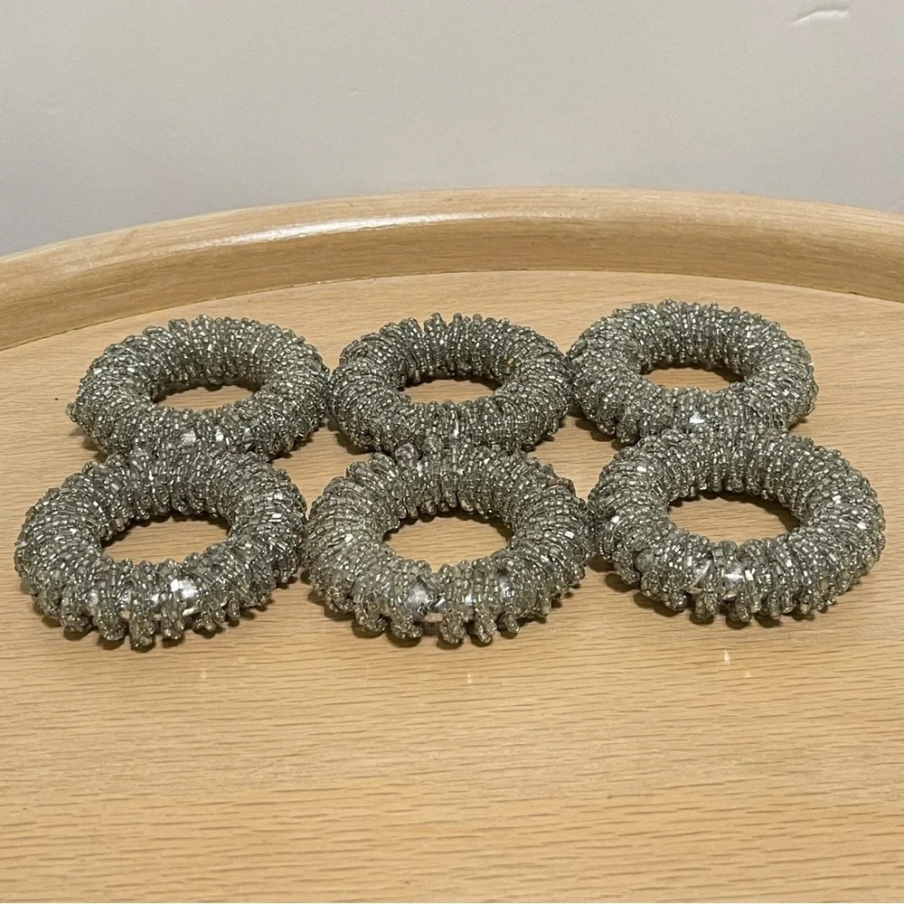 Glass Beaded Sparkly Silver Napkin Rings Holiday Special Occasion Party Set of 6